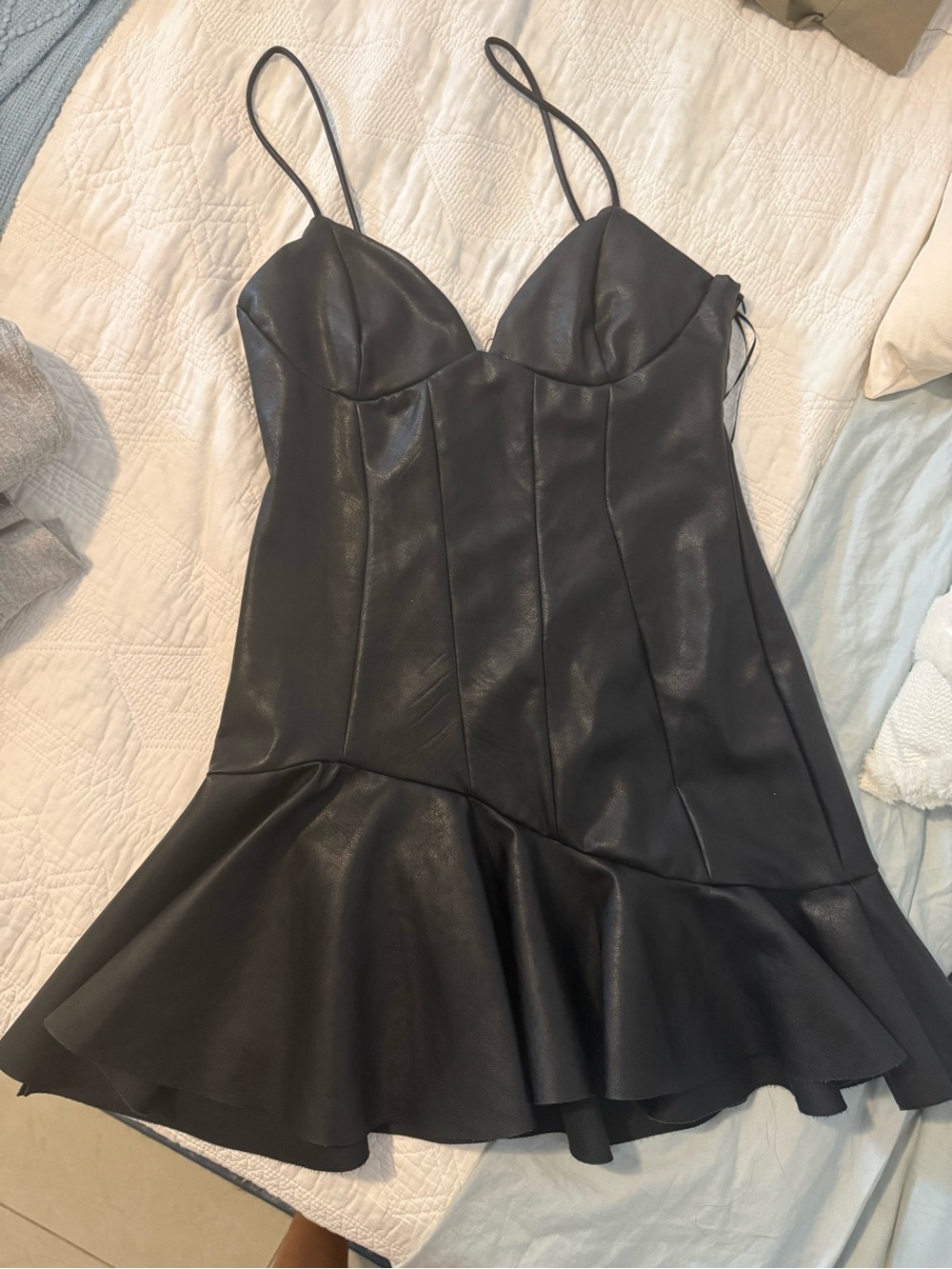 Zara NWT Black Faux Leather Ruffle-Hem Mini Dress size Large